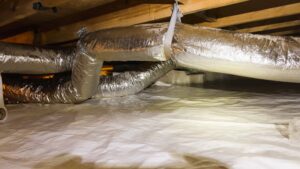Crawl Space Mold Prevention Gainesville GA with vapor barrier and dehumidifier installed by Pure Protection Restorations.