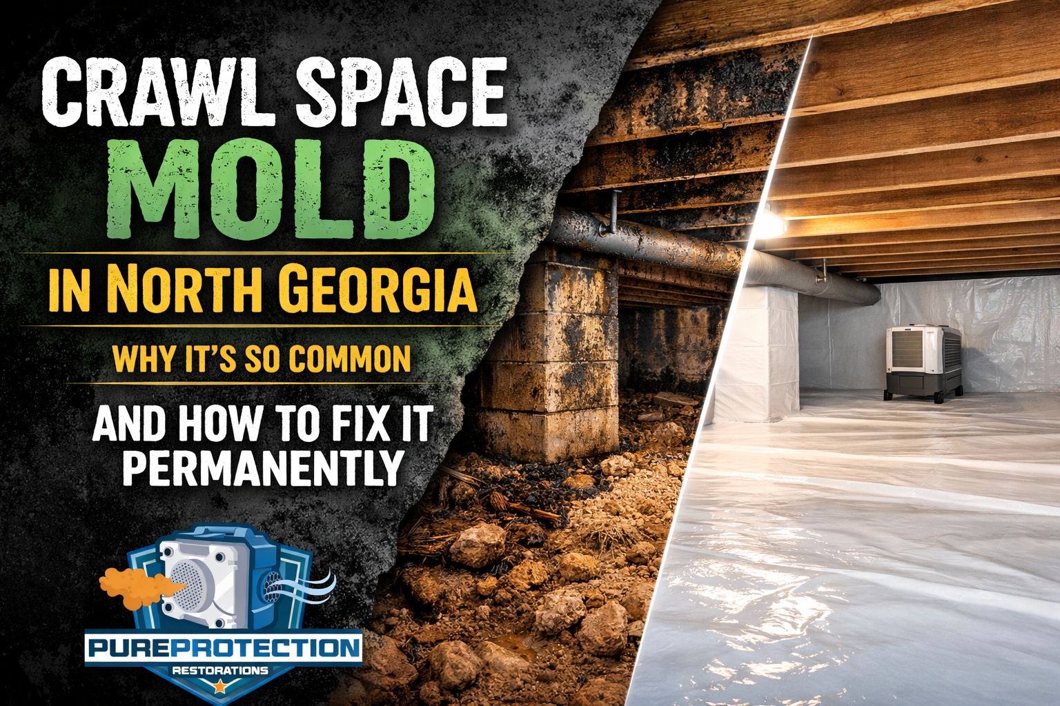 Crawl Space Mold Remediation and Encapsulation in North Georgia Crawl space mold in North Georgia home showing before and after remediation and encapsulation in Gainesville GA